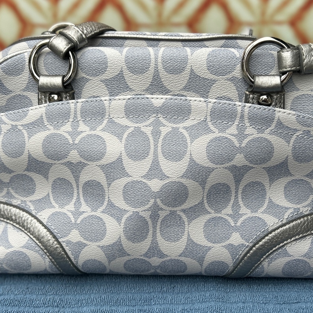 Coach Silver and Gray Signature Leather Boston Bag